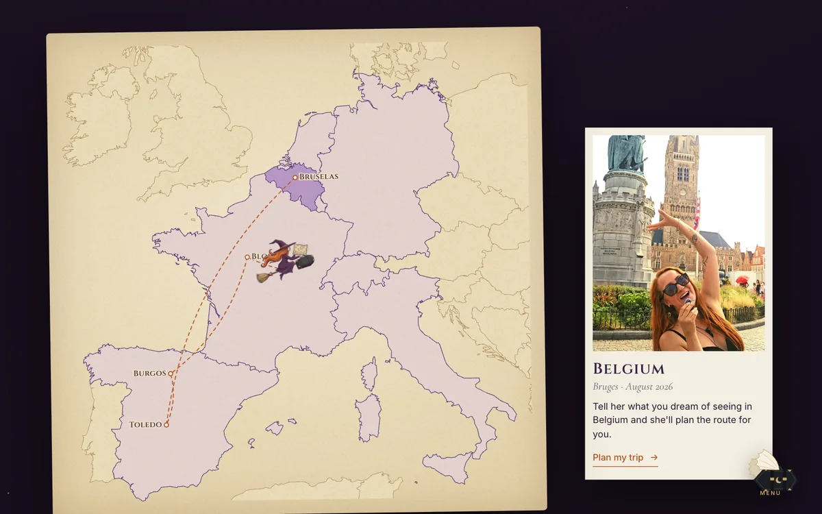 The Europe map with the witch flying her route