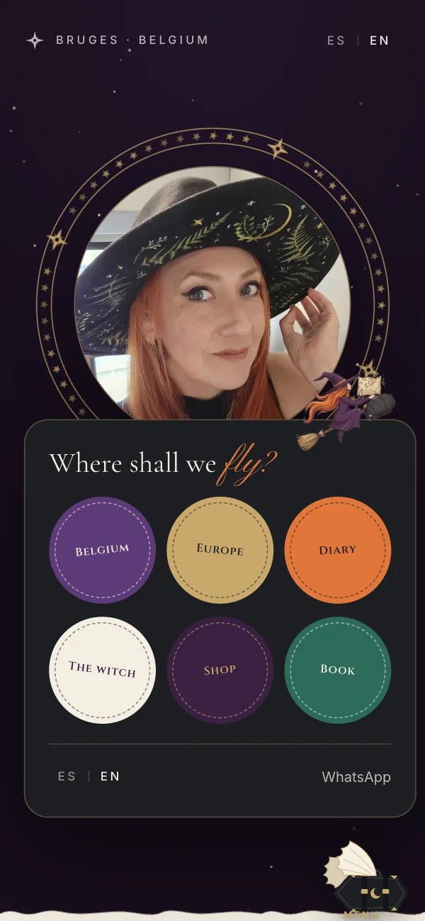 La Bruja Viajera on a phone, with the winged-case menu open